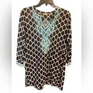 Sulu Sz 6 Black Turquoise Ornate Intricate Embroidered Statement Sleeve Tunic